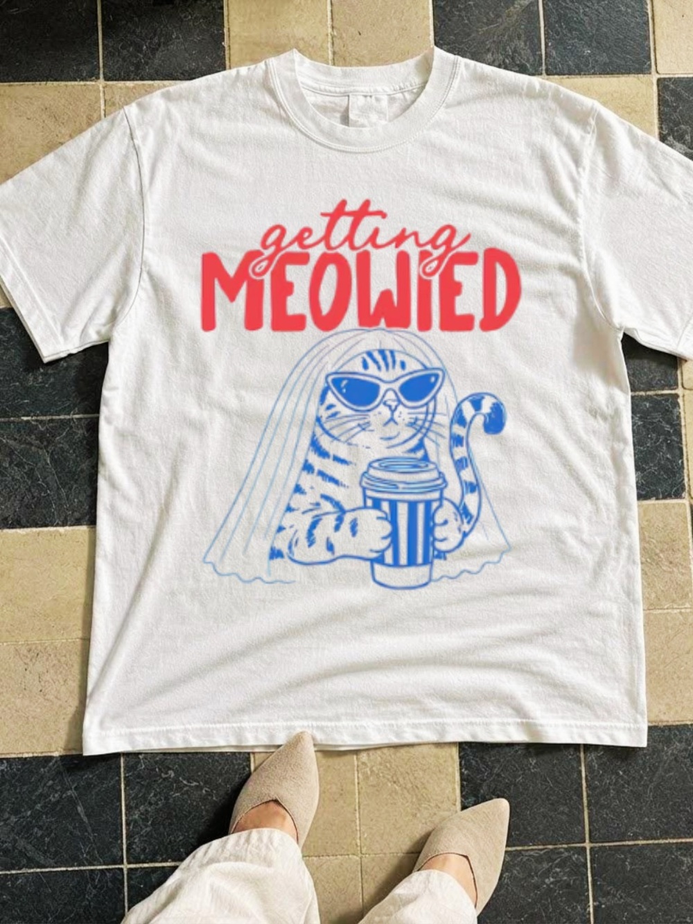 Getting Meowied White Cat Graphic Tee with Red and Blue Print